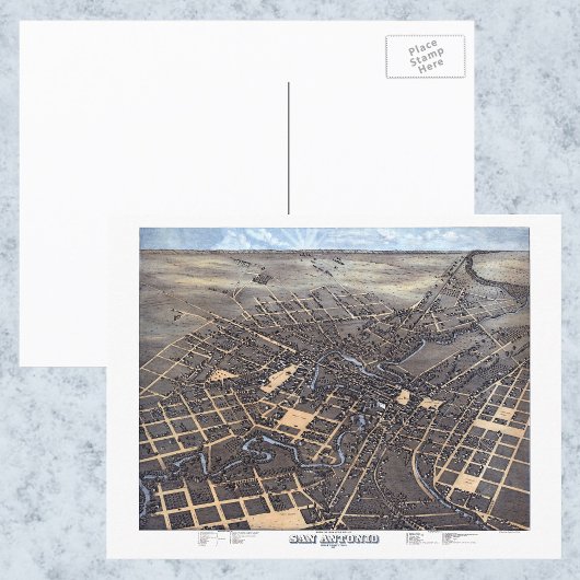 San Antonio, Texas, Antiek luchtstadskaart, 1873 Briefkaart