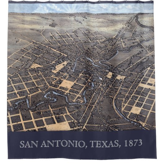 San Antonio, Texas, Antiek luchtstadskaart, 1873 Douchegordijn (Voorkant)