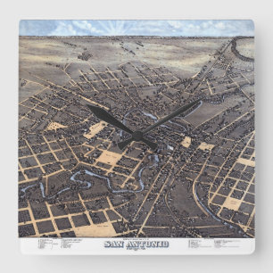 San Antonio, Texas, Antieke Luchtkaart van de Stad Vierkante Klok