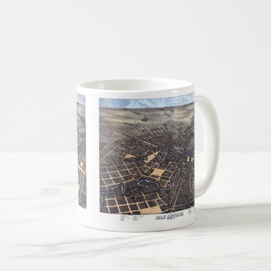 San Antonio, Texas, antieke luchtstadkaart, 1873 Koffiemok (Voorkant rechts)