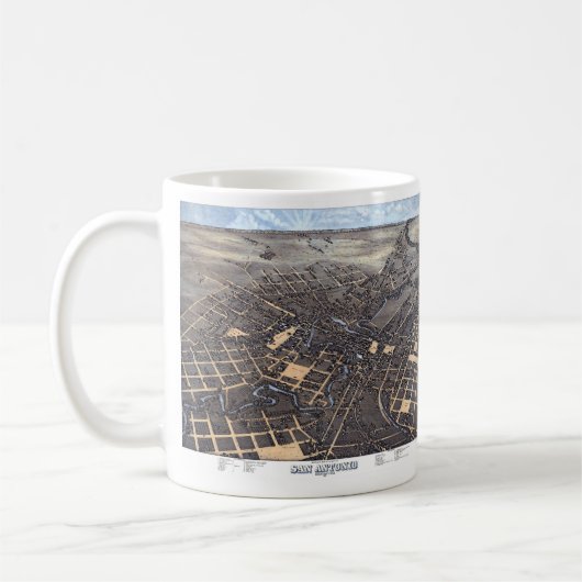 San Antonio, Texas, antieke luchtstadkaart, 1873 Koffiemok (Links)