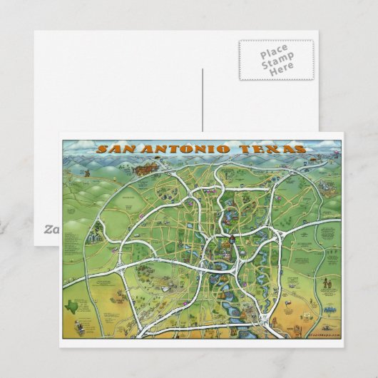 San Antonio Texas Cartoon Map Briefkaart (Voorkant / Achterkant)