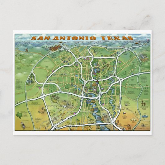 San Antonio Texas Cartoon Map Briefkaart (Voorkant)