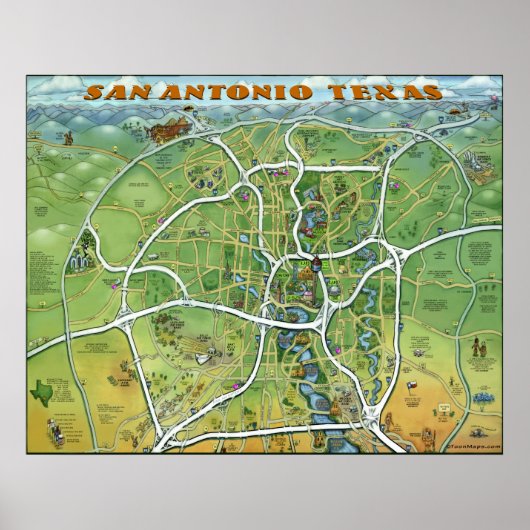 San Antonio Texas Cartoon Map Poster (Voorkant)