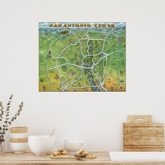 San Antonio Texas Cartoon Map Poster (Keuken)