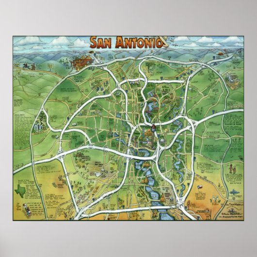 San Antonio Texas Cartoon Map Poster (Voorkant)