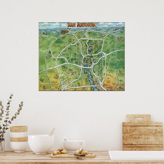 San Antonio Texas Cartoon Map Poster (Keuken)