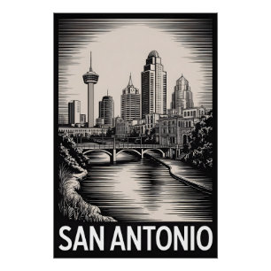 San Antonio Texas Silhouette Zwart Wit Houtsnede Perfect Poster