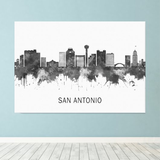 San Antonio Texas Skyline BW Canvas Afdruk (Insitu (Houten vloer))