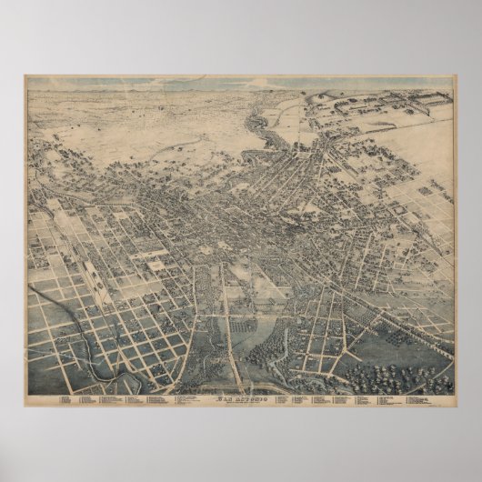 San Antonio TX Bird's Eye Panoramic Map 1886 Poster (Voorkant)