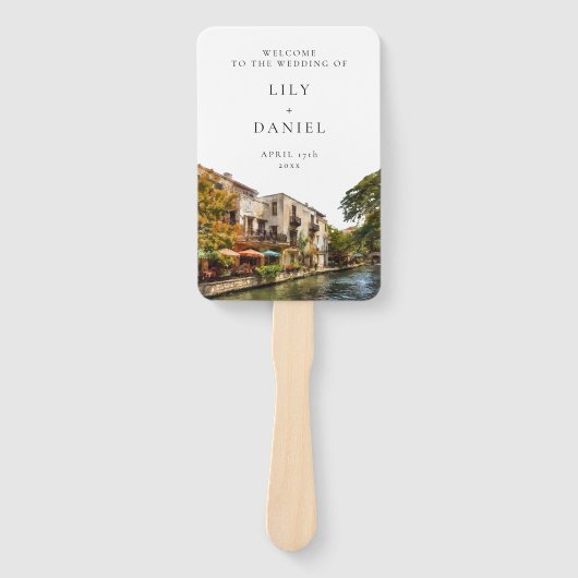 San Antonio Watercolor Wedding Program Handwaaier (Voorkant)