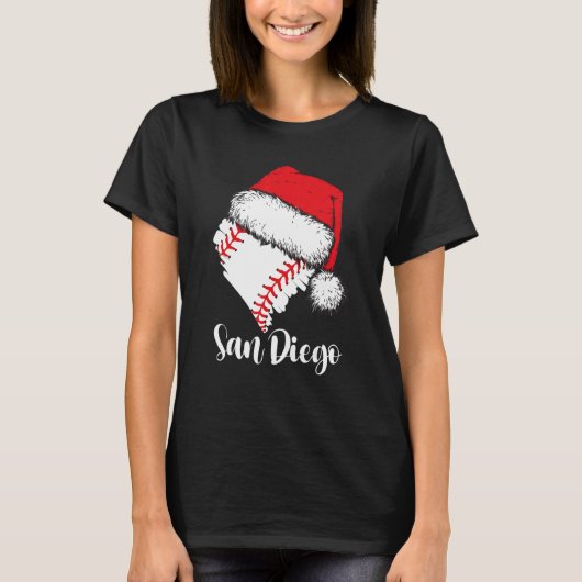 San Diego Baseball Heart Santa Hat Merry Xmas T-shirt (Voorkant)