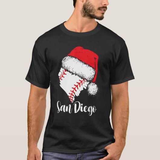 San Diego Baseball Heart Santa Hat Merry Xmas T-shirt (Voorkant)