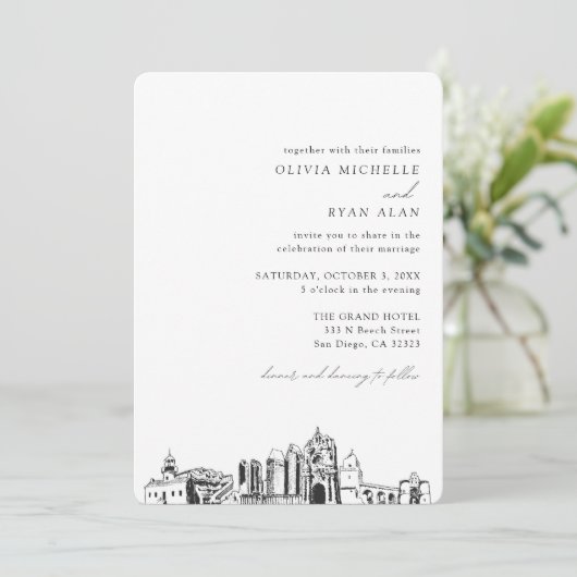 San Diego bruiloft elegante skyline uitnodiging (Staand voorkant)