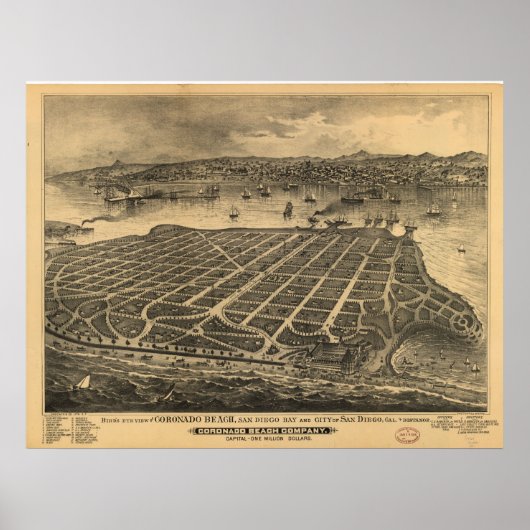 San Diego CA Birds Eye Uitzicht Panoramic Map van  Poster (Voorkant)
