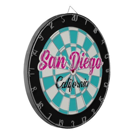 San Diego CA Hot Pink Turquoise Wit Zwart Dartbord (Voorkant Links)
