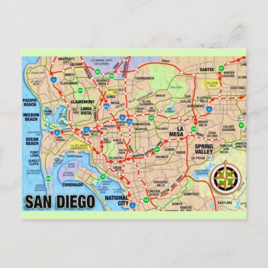 San Diego CA Kaart Ansichtkaart (Voorkant)