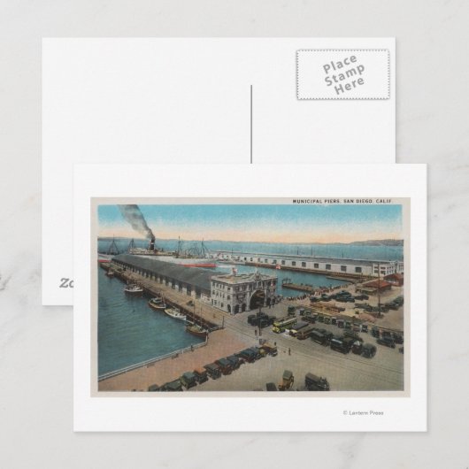 San Diego, CA - Municipal Piers Waterfront Briefkaart (Voorkant / Achterkant)