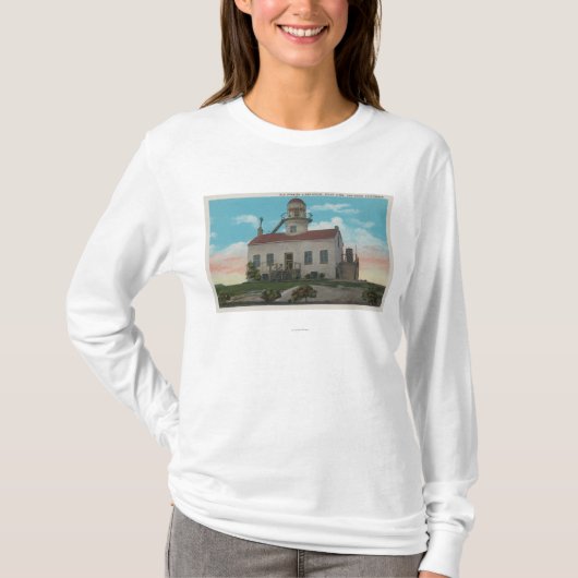 San Diego, CA - oude Spaanse vuurtoren op T-shirt (Voorkant)