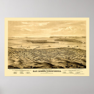San Diego, CA Panorama Kaart - 1876 Poster