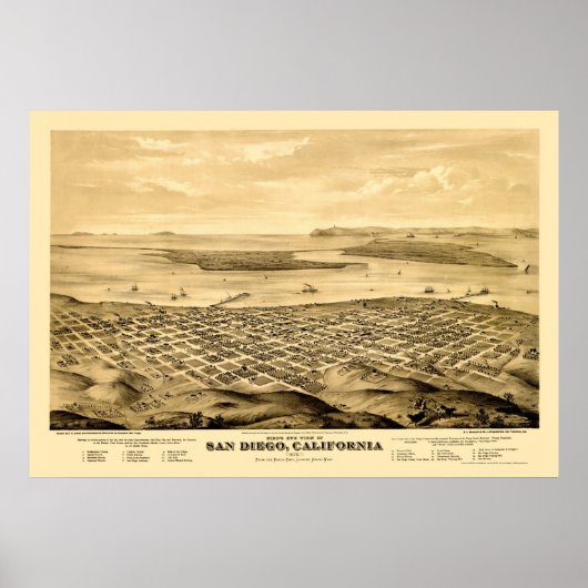 San Diego, CA Panorama Kaart - 1876 Poster (Voorkant)