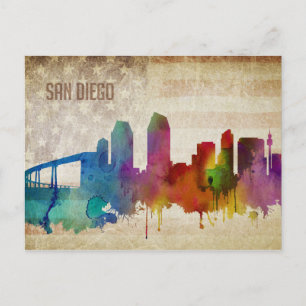 San Diego, CA   Waterverf City Skyline Briefkaart