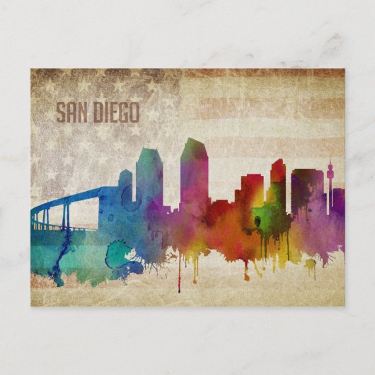 San Diego, CA | Waterverf City Skyline Briefkaart (Voorkant)