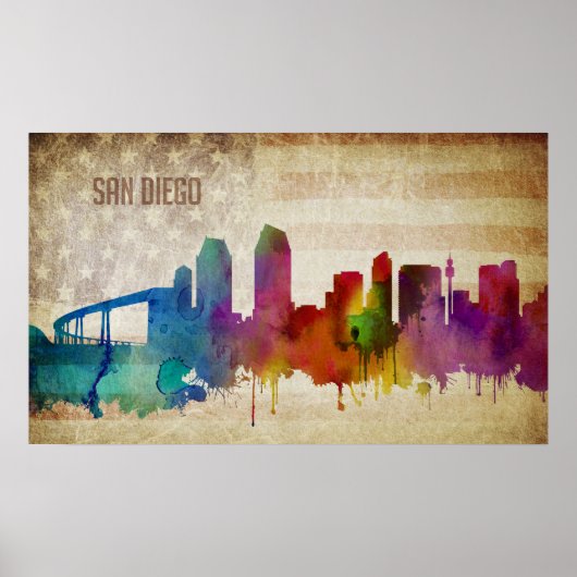 San Diego, CA | Waterverf City Skyline Poster (Voorkant)