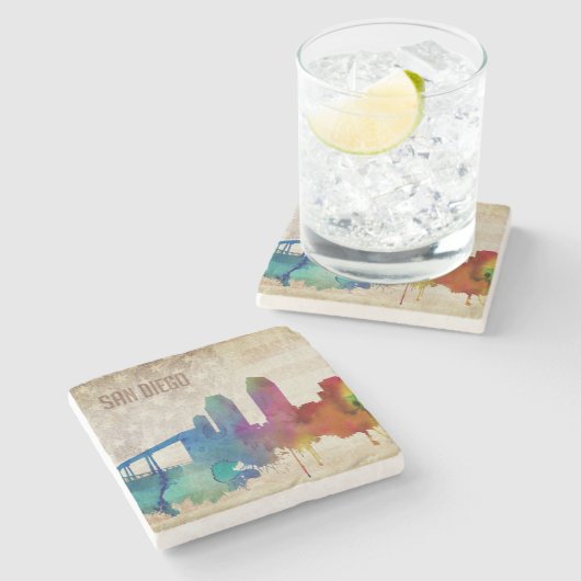 San Diego, CA | Waterverf City Skyline Stenen Onderzetter (Zijkant)