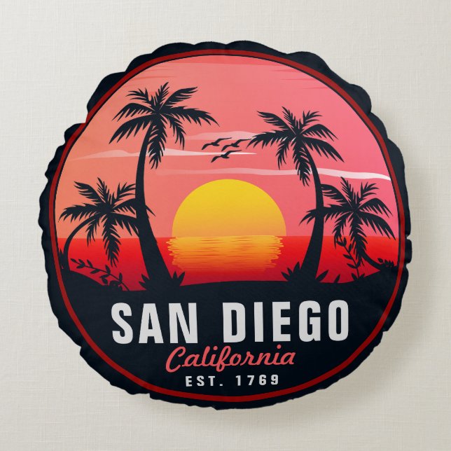 San Diego California Retro Sunset Souvenirs 60s Rond Kussen (Voorkant)