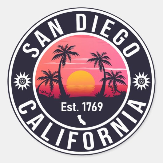 San Diego California Retro Sunset Souvenirs 80s Ronde Sticker (Voorkant)