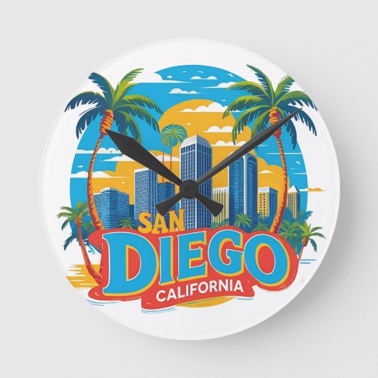 San Diego California Skyline–Modern Cityscape Art Ronde Klok (Voorkant)