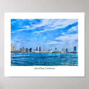 San Diego California Skyline Waterverf Poster