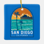 San Diego California Travel Art Vintage Keramisch Ornament<br><div class="desc">San Diego retro vector reisontwerp van Oceanside Municipal Pier. San Diego,  Californië,  is een kustparadijs dat bekend staat om zijn zonovergoten stranden,  levendige culturele scène en het hele jaar door een aangenaam klimaat.</div>