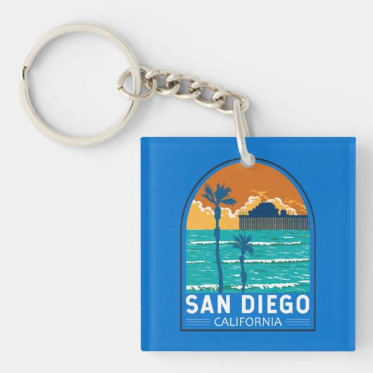 San Diego California Travel Art Vintage Sleutelhanger (Voorkant)