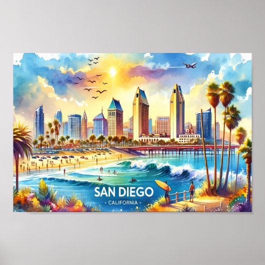 San Diego California Travel Plaatsen waterverf Poster (Voorkant)