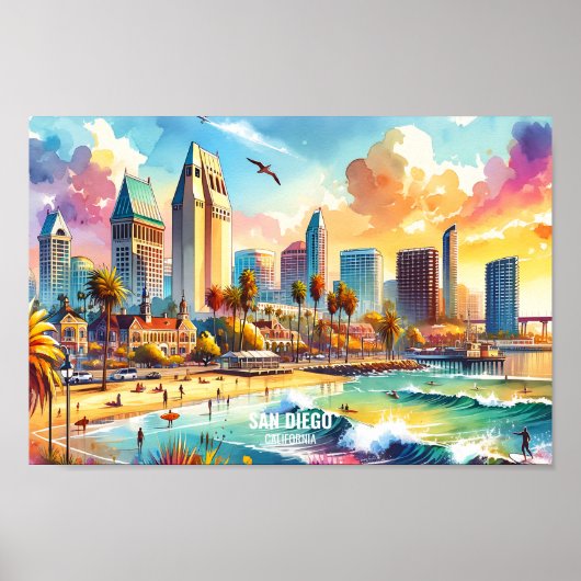 San Diego California Travel Plaatsen waterverf Poster (Voorkant)
