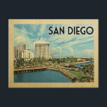 San Diego California Vintage Travel Briefkaart<br><div class="desc">Het ontwerp van San Diego Californië in de stijl van de Reis van Vintage met een expansief uitzicht van de stadskyline met de haven in de voorgrond.</div>