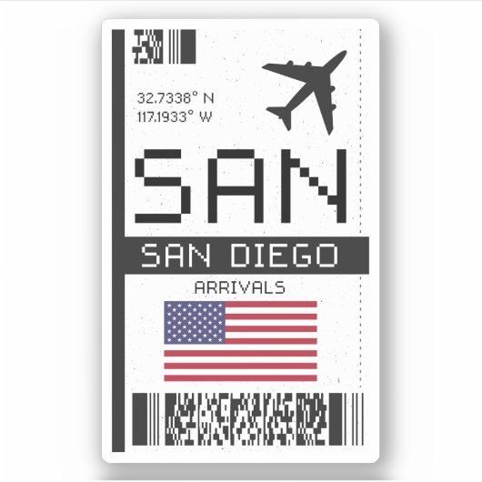San Diego, Californië Luchthaven Boarding Pass Sticker (Voorkant)