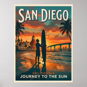 San Diego Californië Zonsondergang Surfen Reizen Poster