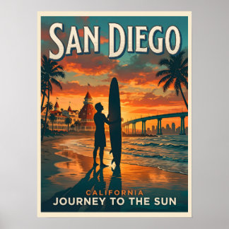 San Diego Californië Zonsondergang Surfen Reizen Poster