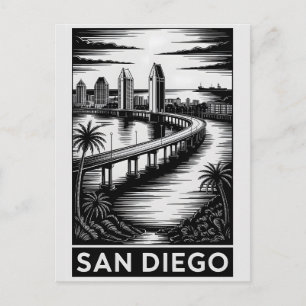 San Diego Californië Zwart Wit Houtsnede Briefkaart