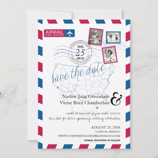 San Diego Cancun Airmail sparen de Datum Save The Date (Voorkant)