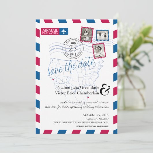 San Diego Cancun Airmail sparen de Datum Save The Date (Staand voorkant)