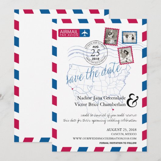 San Diego Cancun Airmail sparen de Datum Save The Date (Voorkant / Achterkant)
