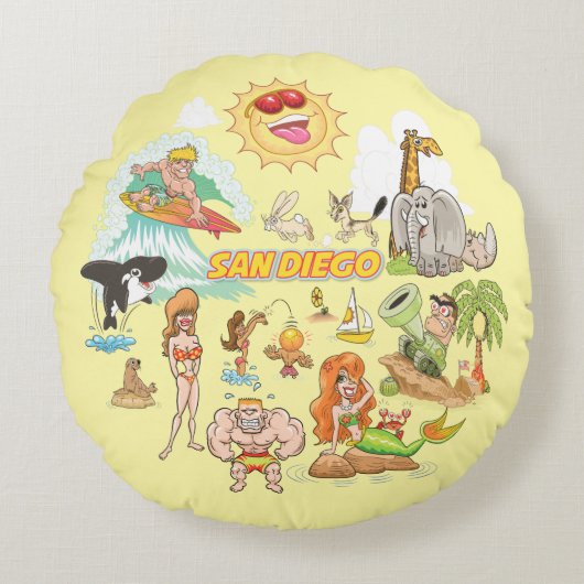 San Diego Cartoon Poufs Rond Kussen (Voorkant)