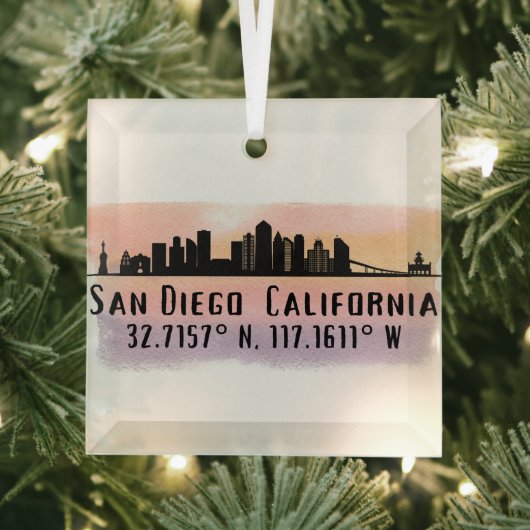San Diego City Skyline Latitude en Lengtegraad Glas Ornament (Insitu)