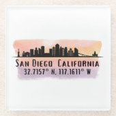 San Diego City Skyline Latitude en Lengtegraad Glazen Onderzetter (Voorkant)