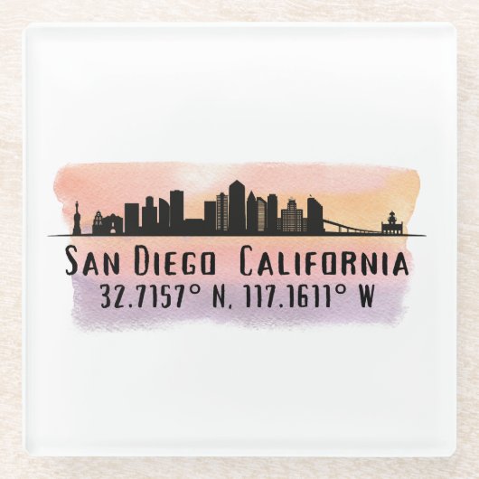 San Diego City Skyline Latitude en Lengtegraad Glazen Onderzetter (Voorkant)