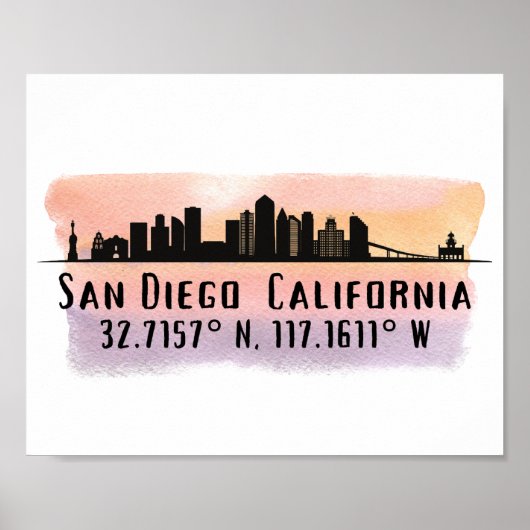 San Diego City Skyline Latitude en Lengtegraad Poster (Voorkant)